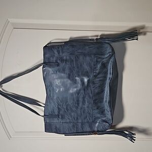 Blue tote bag with tassels and deep side pockets for phone / water bottle